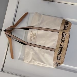 Victoria Secret large cream & gold glitter black logo tote bag!